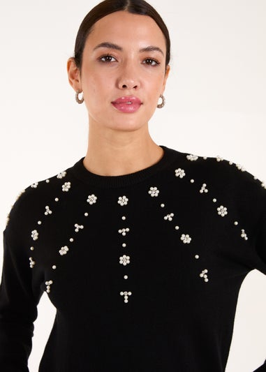 Blue Vanilla Black Pearl Flower Embellishment Jumper