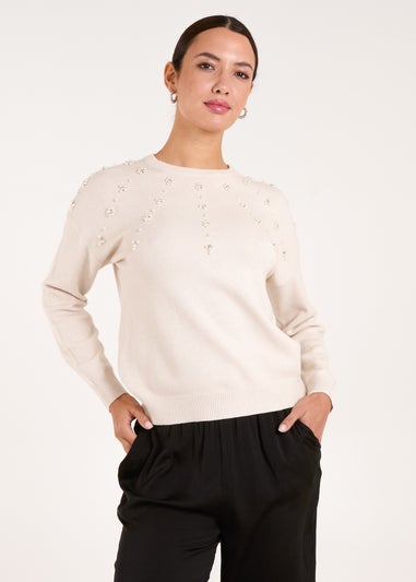 Blue Vanilla Stone Pearl Flower Embellishment Jumper