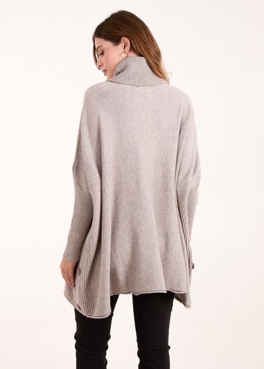 Blue Vanilla Brown Roll Neck Button Mini Pocket Jumper