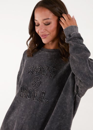 Blue Vanilla Charcoal Rock & Roll Slogan Oversized Sweatshirt