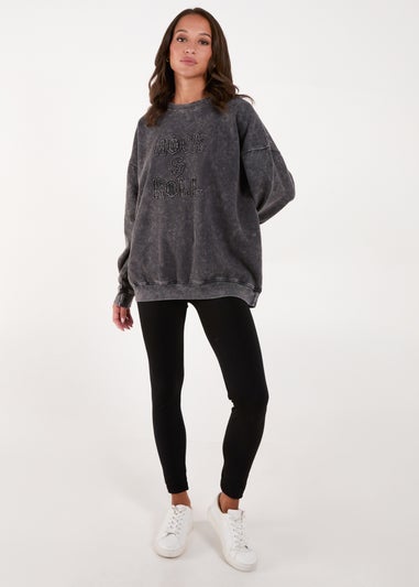 Blue Vanilla Charcoal Rock & Roll Slogan Oversized Sweatshirt