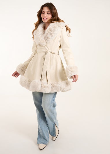 Blue Vanilla Stone PU Faux Fur Trimmed Belted Coat