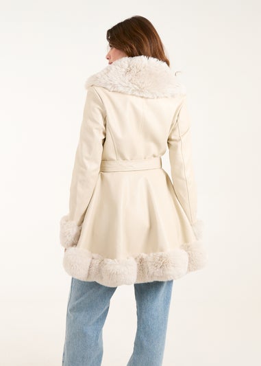 Blue Vanilla Stone PU Faux Fur Trimmed Belted Coat