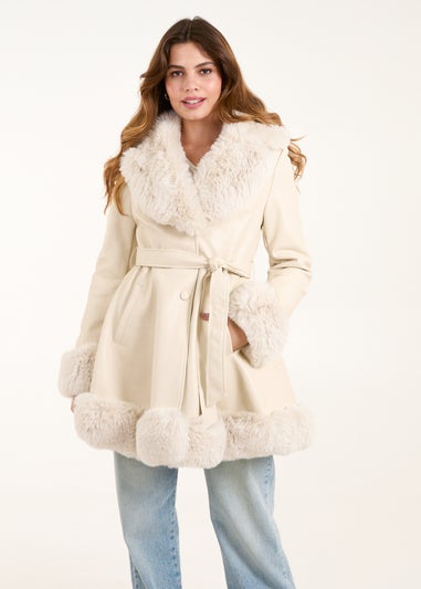 Blue Vanilla Stone PU Faux Fur Trimmed Belted Coat