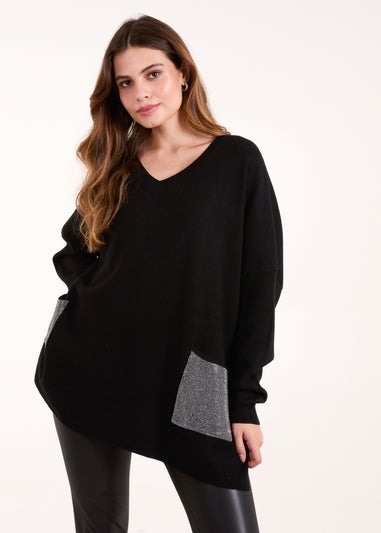 Blue Vanilla Black V Neck Embellished Pocket Jumper