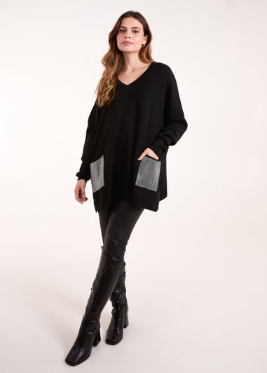 Blue Vanilla Black V Neck Embellished Pocket Jumper