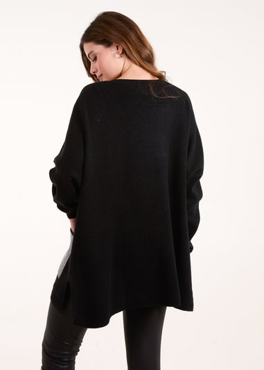 Blue Vanilla Black V Neck Embellished Pocket Jumper