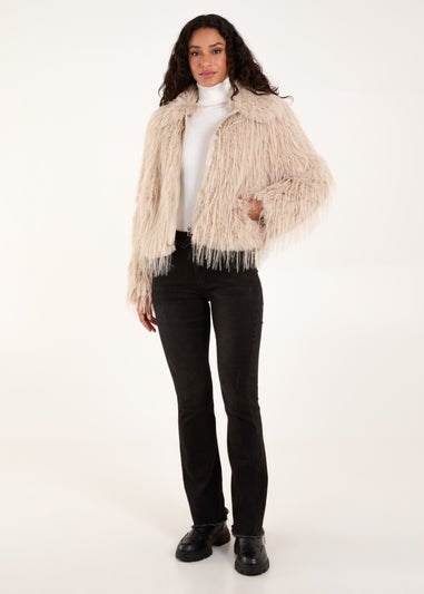 Blue Vanilla Beige Textured Faux Fur Collar Coat