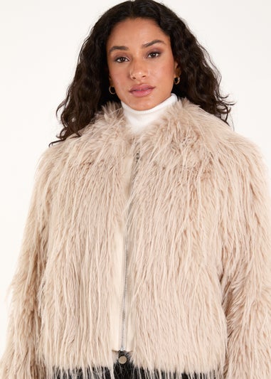 Blue Vanilla Beige Textured Faux Fur Collar Coat