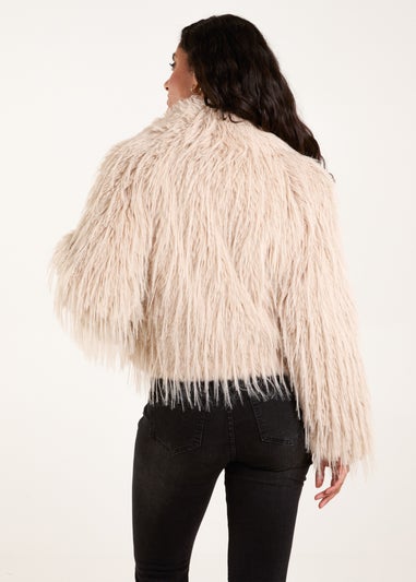 Blue Vanilla Beige Textured Faux Fur Collar Coat