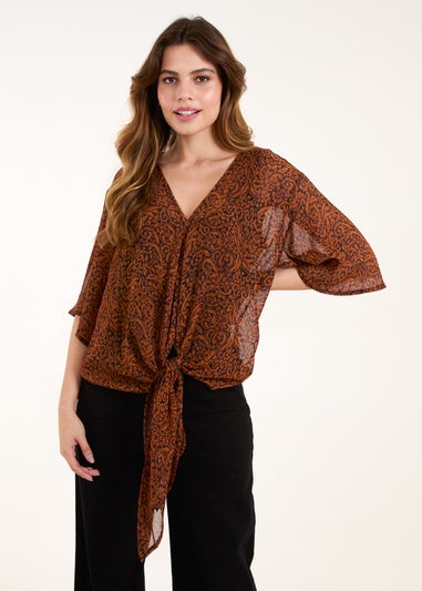 Blue Vanilla Chocolate Tie Front V Neck Blouse