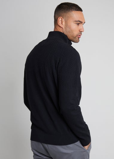 Threadbare Black Basket Stitch Detail Knitted Quarter Zip Jumper