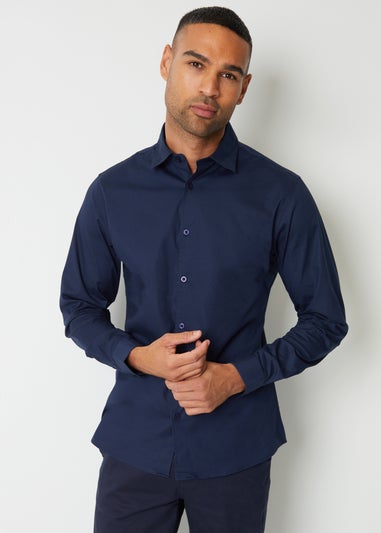 Threadbare Navy Cotton Long Sleeve Shirt With Stretch