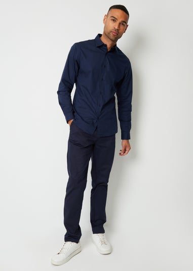 Threadbare Navy Cotton Long Sleeve Shirt With Stretch