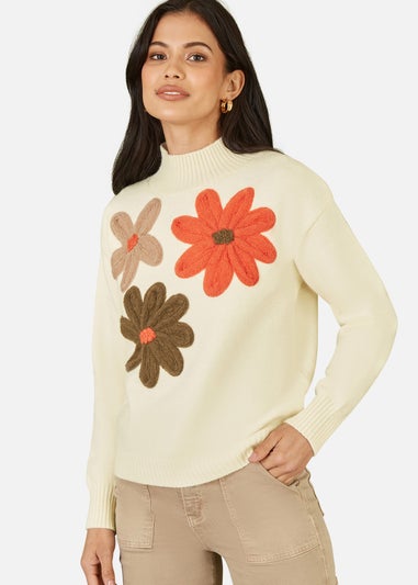 Mela Ivory Knitted High Neck Jumper With Applique Flowers