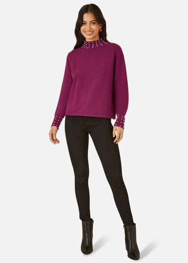 Mela Plum Pearl Detail High Neck Jumper