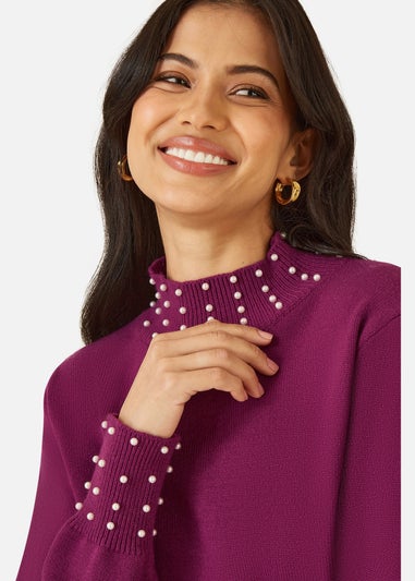 Mela Plum Pearl Detail High Neck Jumper