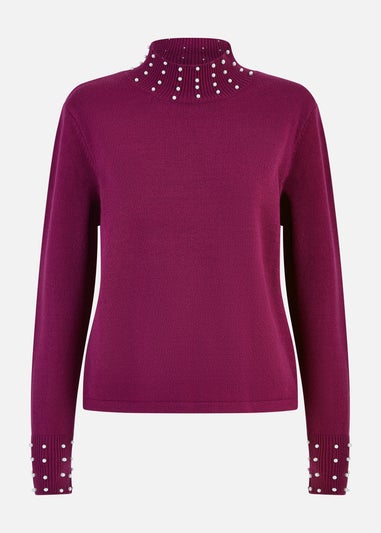 Mela Plum Pearl Detail High Neck Jumper