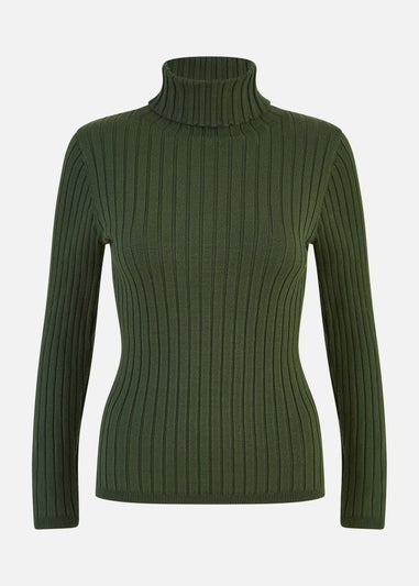 Mela Green Ribbed Knit Roll Neck Jumper