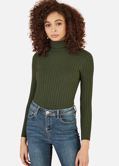 Mela Green Ribbed Knit Roll Neck Jumper