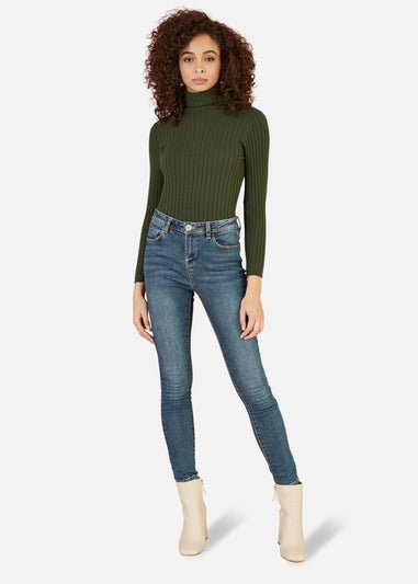 Mela Green Ribbed Knit Roll Neck Jumper