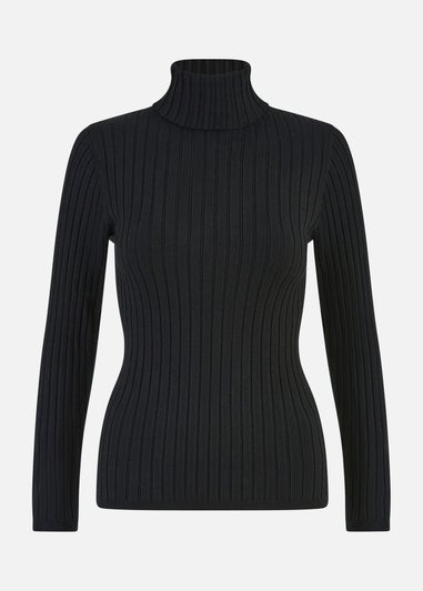 Mela Black Ribbed Knit Roll Neck Jumper