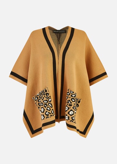 Mela Camel Leopard Print Pocket Knitted Cape