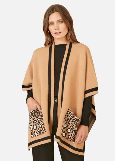 Mela Camel Leopard Print Pocket Knitted Cape