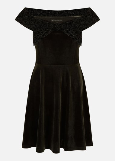 Mela Black Velvet Skater Dress With Sparkle Bow Neckline