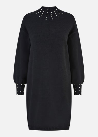 Mela Black Pearl Detail Knitted Relaxed Jumper Dress