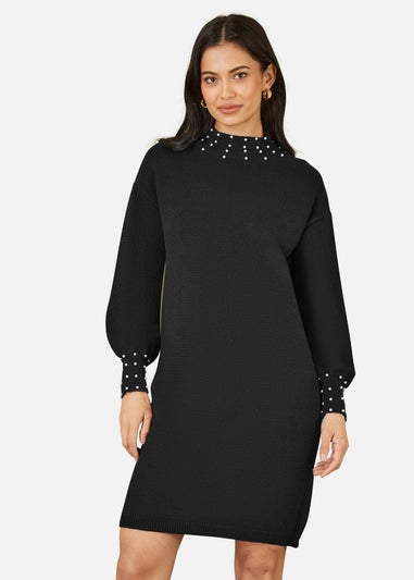 Mela Black Pearl Detail Knitted Relaxed Jumper Dress