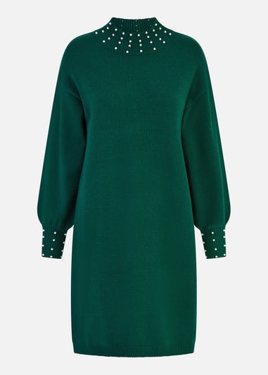 Mela Green Pearl Detail Knitted Relaxed Jumper Dress