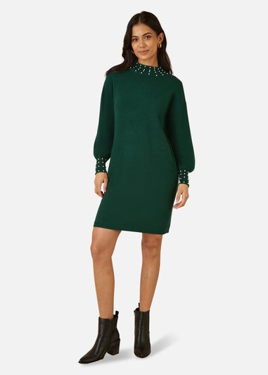 Mela Green Pearl Detail Knitted Relaxed Jumper Dress