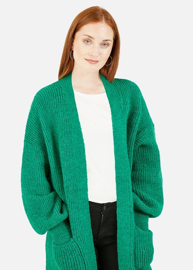 Yumi Green Knitted Long Cardigan With Pocket