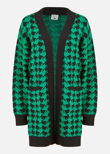 Yumi Green Dogtooth Intarsia Knit Long Cardigan