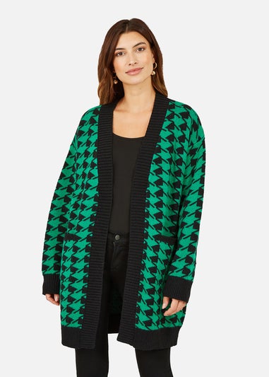 Yumi Green Dogtooth Intarsia Knit Long Cardigan