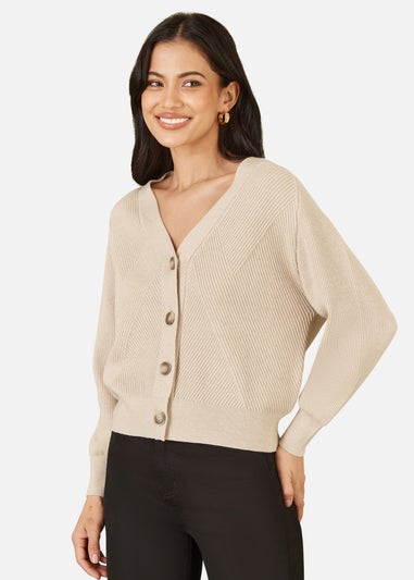 Yumi Oatmeal Relaxed Fit Cardigan With Stitch Detail