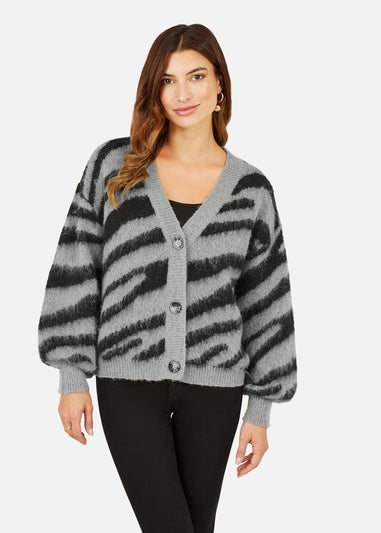 Yumi Grey Zebra Intarsia Button Up Cardigan