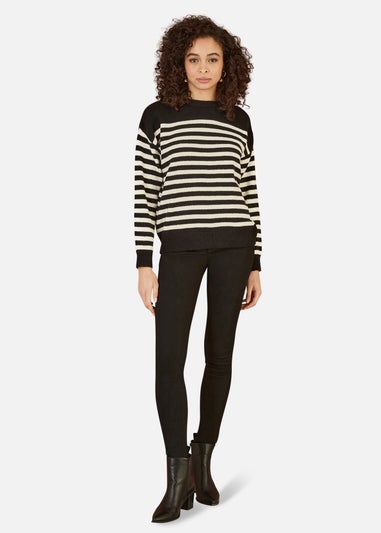 Yumi Black Stripe Knitted Relaxed Jumper With Button Details