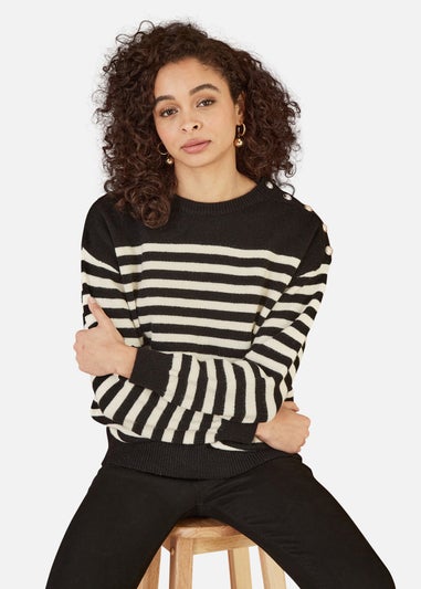 Yumi Black Stripe Knitted Relaxed Jumper With Button Details