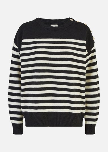 Yumi Black Stripe Knitted Relaxed Jumper With Button Details