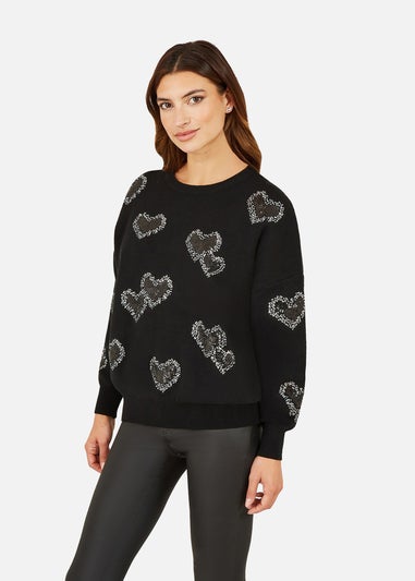 Yumi Black Sequin Heart Relaxed Jumper