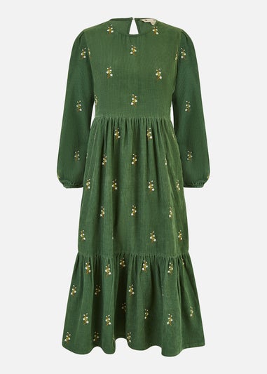 Yumi Green Long Sleeve Midi Dress With Floral Embroidery