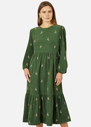 Yumi Green Long Sleeve Midi Dress With Floral Embroidery