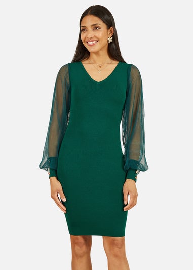 Yumi Green Knitted Body Con Dress With Chiffon Sleeve