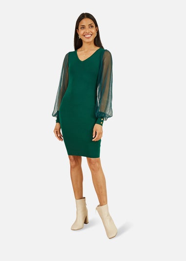 Yumi Green Knitted Body Con Dress With Chiffon Sleeve