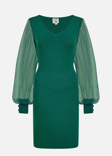 Yumi Green Knitted Body Con Dress With Chiffon Sleeve