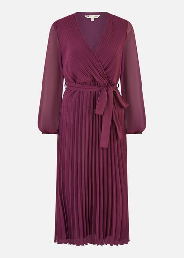 Yumi Plum Pleated Wrap Midi Dress With Sheer Long Sleeves