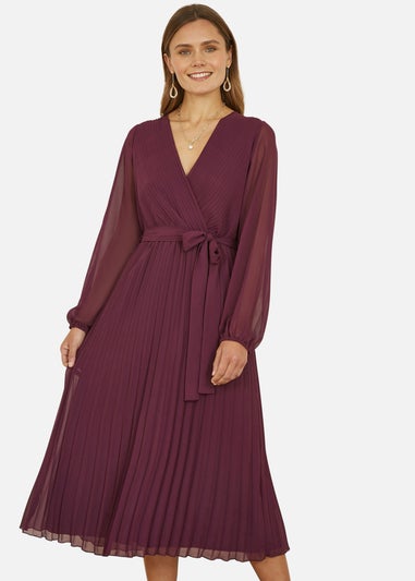 Yumi Plum Pleated Wrap Midi Dress With Sheer Long Sleeves