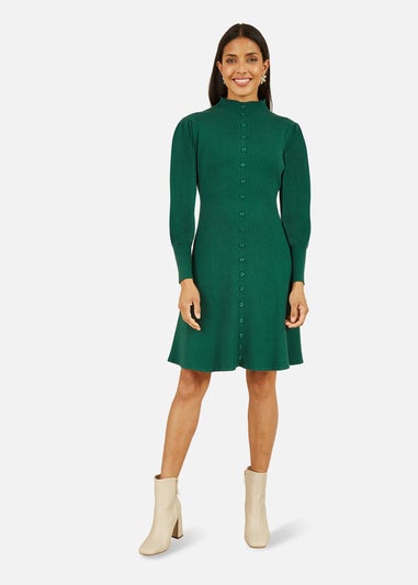 Yumi Green Knitted Button Up Midi Dress With Balloon Sleeves